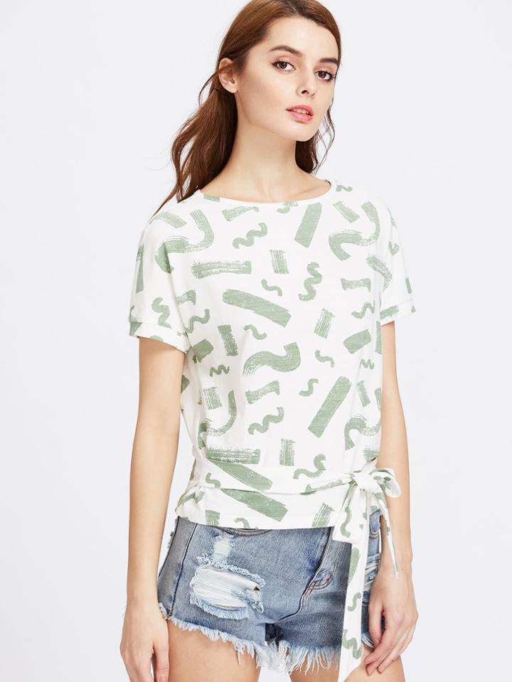 Shein Brush Stroke Print Bow Tie Front T-shirt