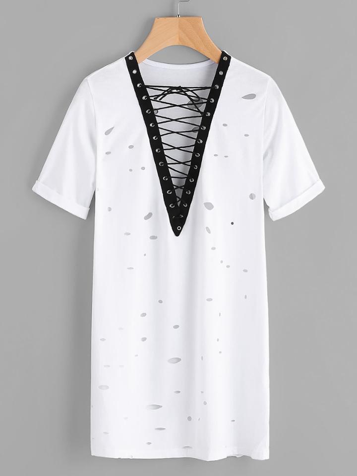 Shein Ripped Eyelet Lace Up Front Long Tee