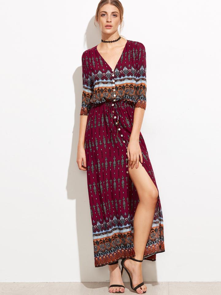 Shein Tribal Print V-neckline Button Front Dress