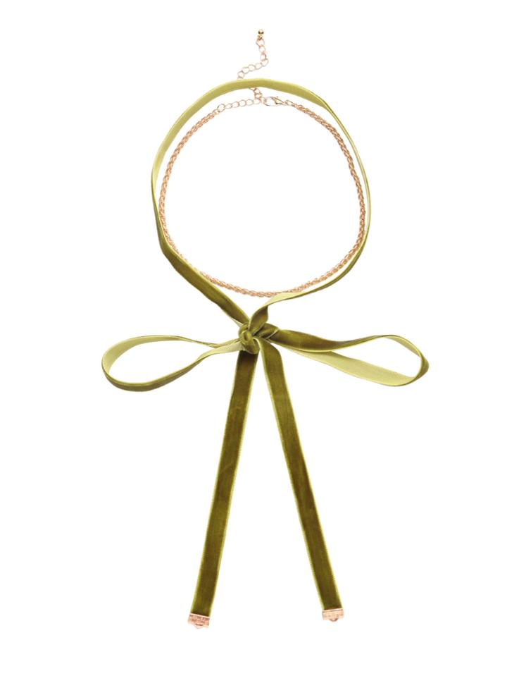 Shein Olive Green Velvet Knotted Choker With Golden Twist Chain