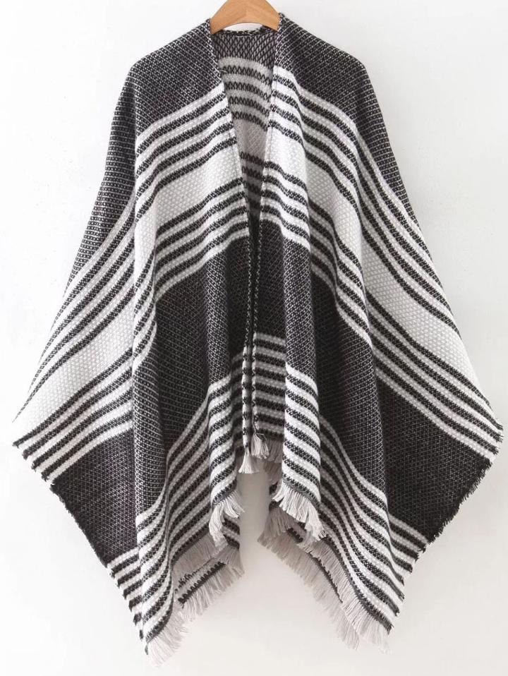 Shein Black Stripe Frayed Poncho Scarf