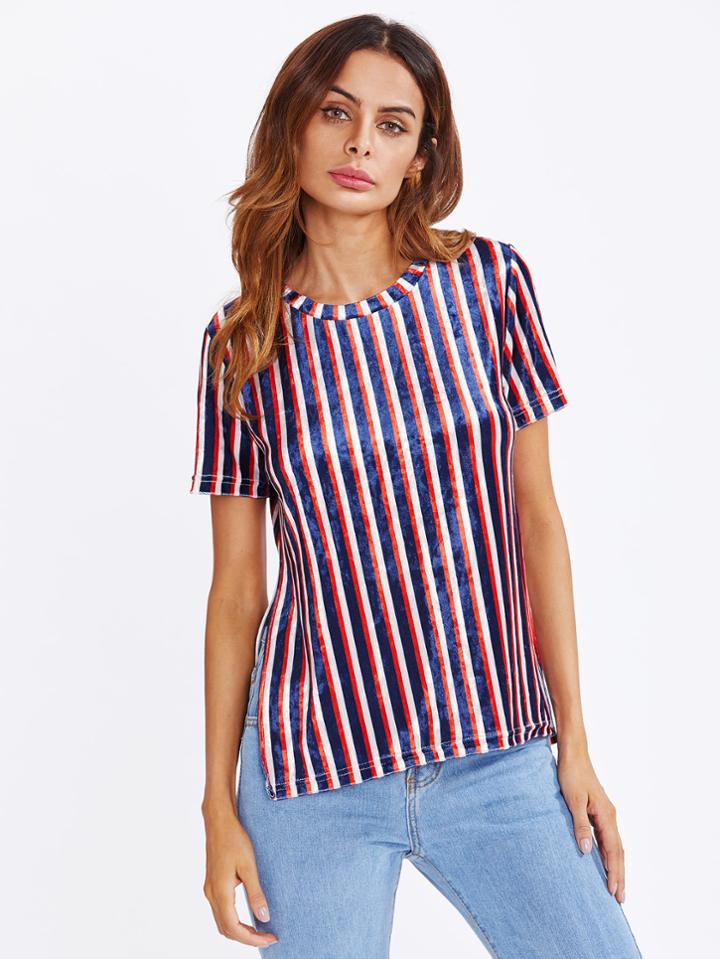 Shein Side Split Striped Velvet Tee