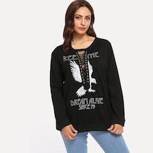 Shein Plus Lace Up Letter Print Sweatshirt
