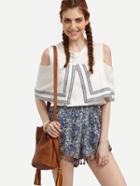 Shein Contrast Open Shoulder Top With Vintage Print Shorts