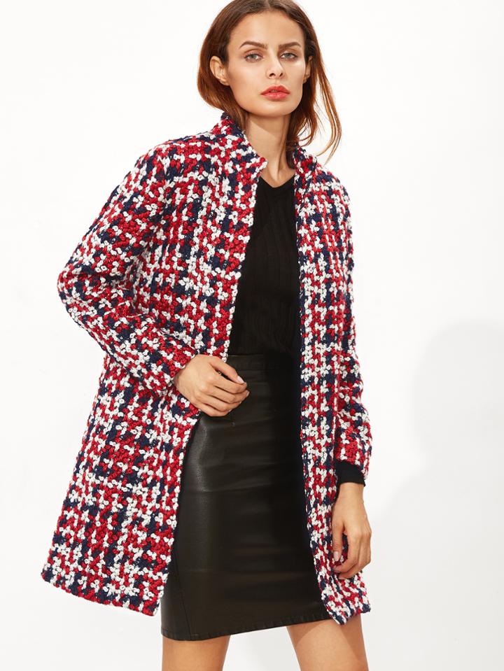 Shein Multicolor Stand Collar Open Front Tweed Coat