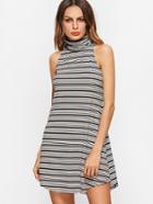 Shein Black And White Striped Turtleneck Curved Hem Sleeveless Dress