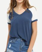Shein Blue Patchwork White Sleeve V Neck T-shirt