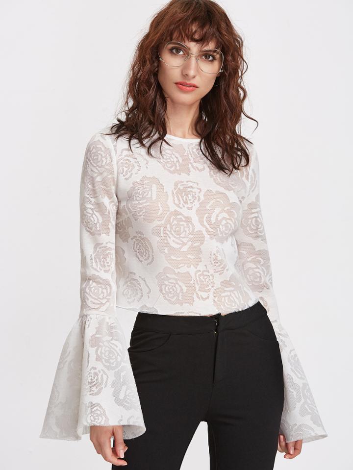 Shein White Bell Sleeve Rose Pattern Mesh Top