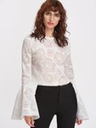 Shein White Bell Sleeve Rose Pattern Mesh Top