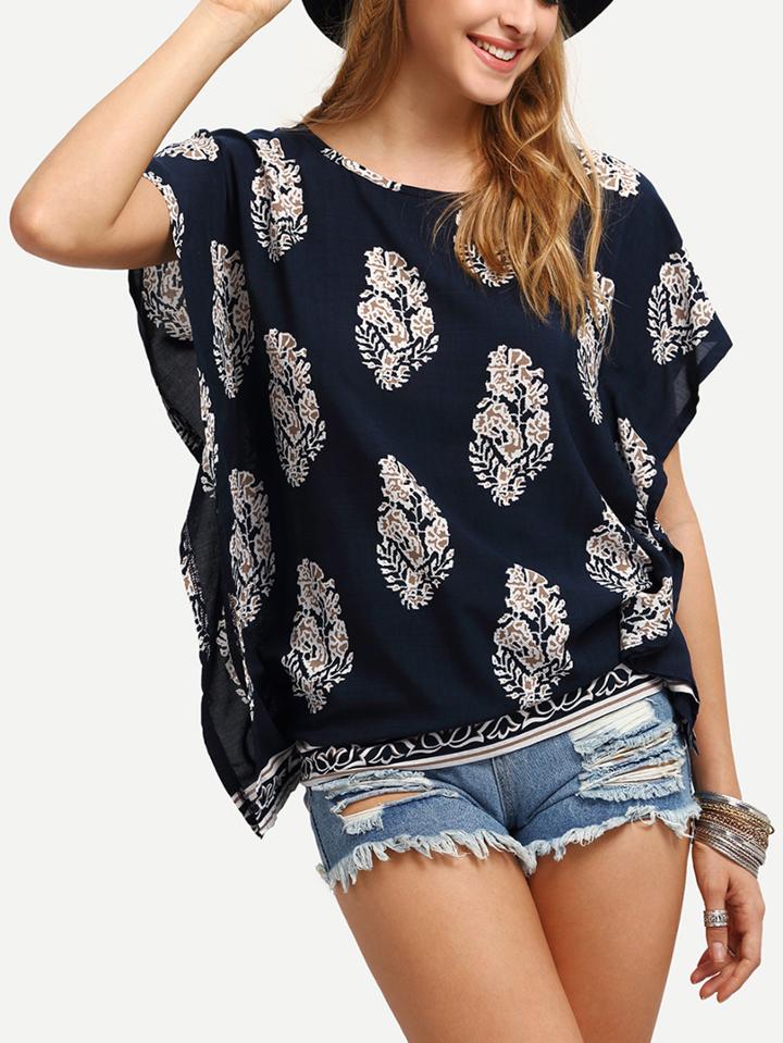 Shein Flower Print Short Sleeve Poncho Blouse