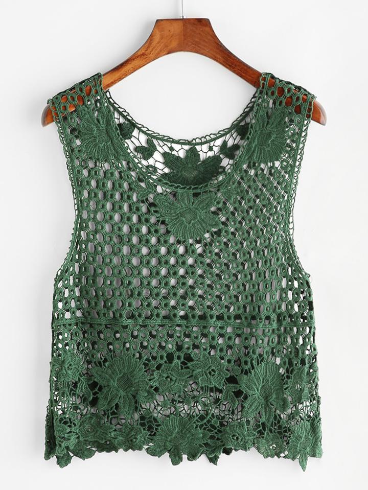Shein Green Hollow Out Crochet Slit Side Tank Top