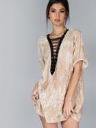 Shein Contrast Lace Up Plunge Neck Crushed Velvet Tee Dress