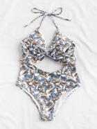 Shein Calico Print Cutout Front Halter Swimsuit
