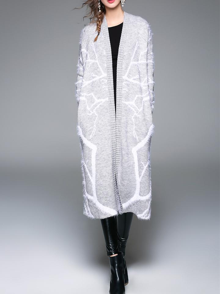 Shein White Lapel Knit Pockets Long Coat