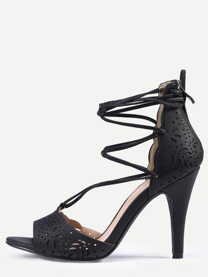 Shein Laser-cut Lace-up Peep Toe D'orsay Sandals - Black