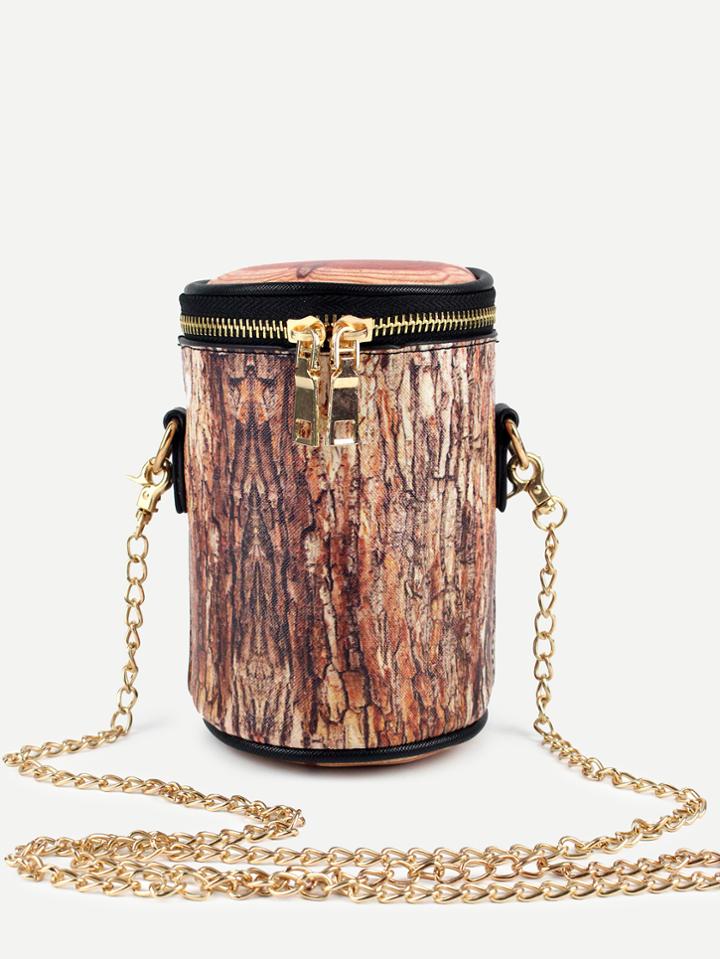 Shein Brown Tree Stump Shaped Top Zip Cylinder Bag