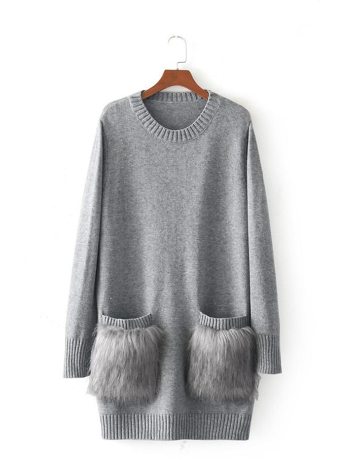 Shein Faux Fur Embellished Pocket Sweater Dress