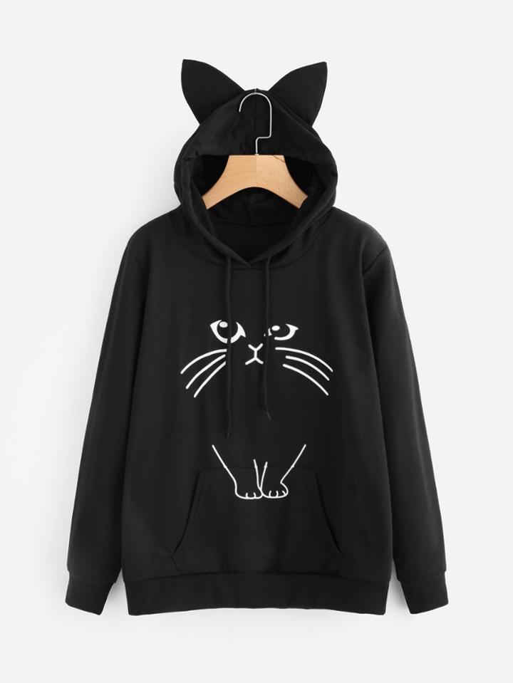 Shein Ear Hooded Graphic Print Sweatshirt