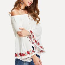 Shein Bardot Embroidery Flounce Sleeve Crop Top