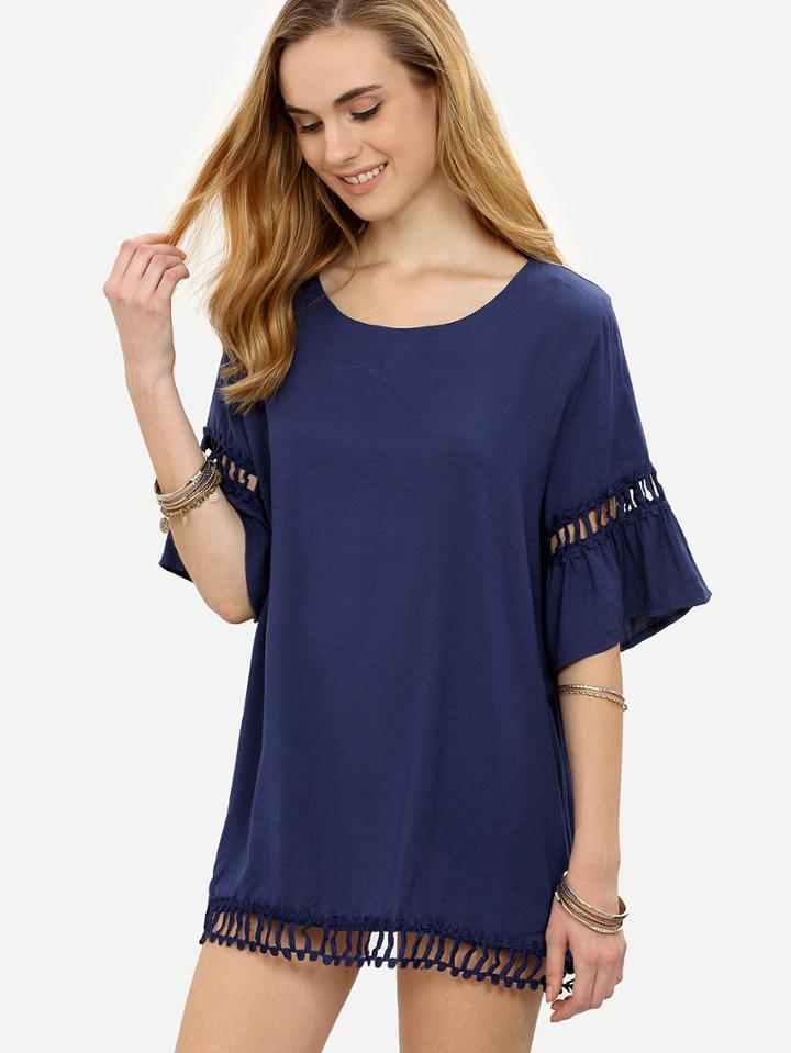 Shein Navy Eyelet Crochet Insert Ruffled Sleeve Dress