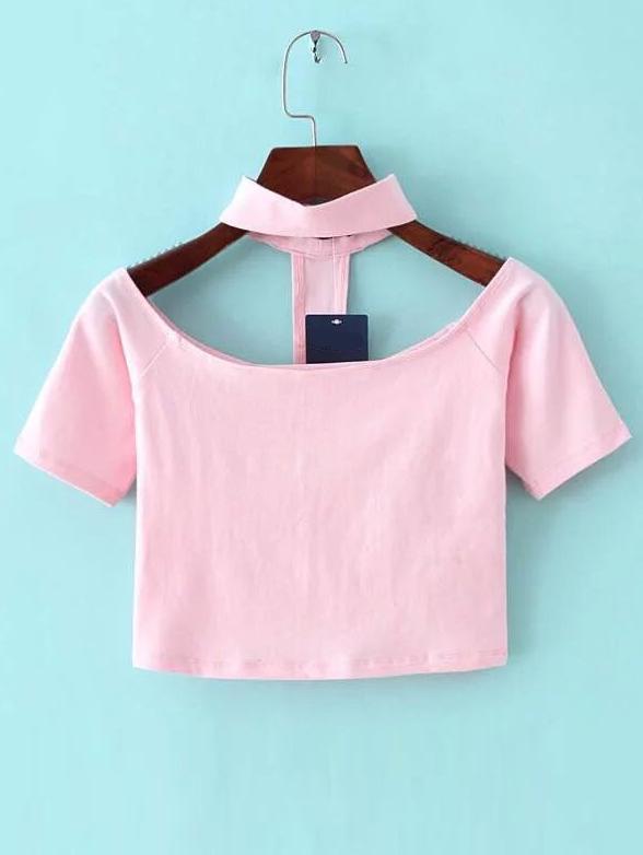 Shein Pink Cutout Choker Neck Crop T-shirt
