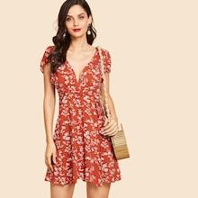 Shein Deep V Neck Floral Print Dress