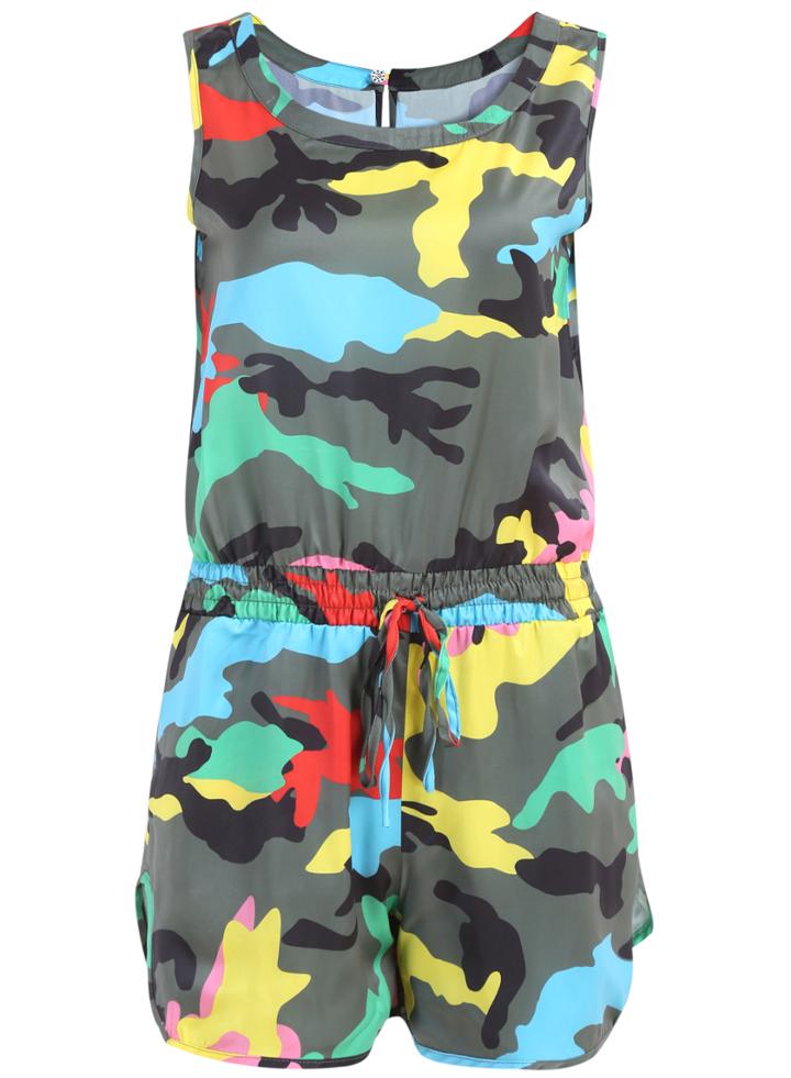 Shein Multicolor Sleeveless Camouflage Drawstring Jumpsuit