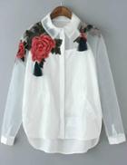 Shein White Lapel Long Sleeve Ikat Neat Awesome Embroidered Organza Blouse