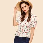 Shein Button Up Floral Ruffle Hem Blouse