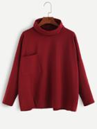 Shein Burgundy Turtleneck Drop Shoulder Pocket T-shirt