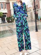 Shein Multicolor V Neck Pockets Ruffle Print Jumpsuits