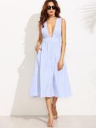 Shein Blue Striped Buttons Deep V Neck Sleeveless Dress