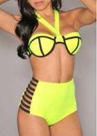 Rosewe Halter Design Hollow Pattern Yellow Bikini