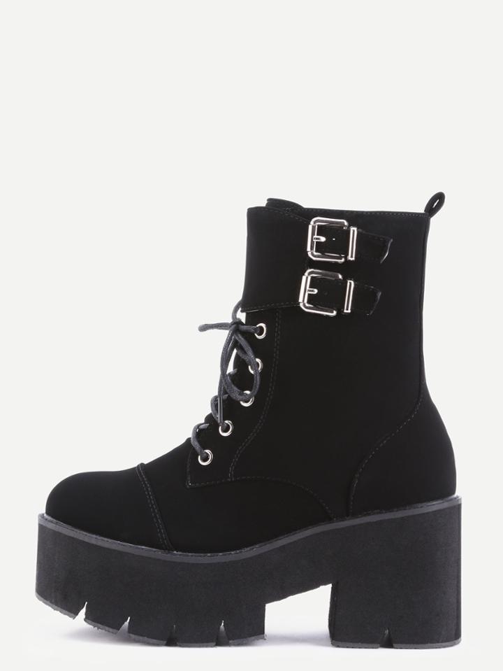 Shein Black Nubuck Pu Cap Toe Lace Up Buckle Strap Platform Short Boots