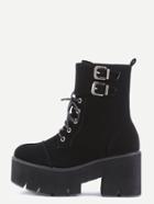 Shein Black Nubuck Pu Cap Toe Lace Up Buckle Strap Platform Short Boots