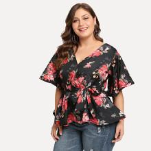 Shein Plus V Neck Botanical Print Blouse