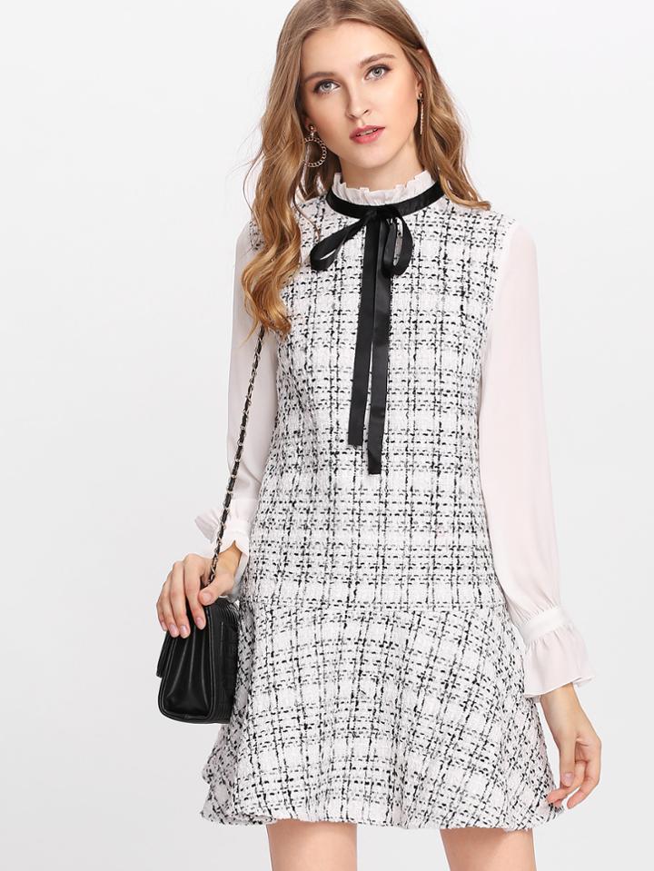 Shein Frilled Neck Drop Waist Tweed Dress