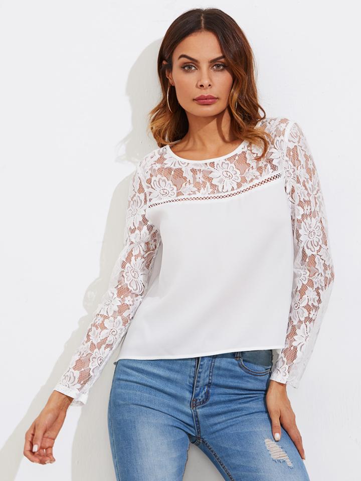 Shein Flower Lace Yoke And Sleeve Geo Cut Insert Top