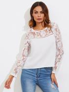 Shein Flower Lace Yoke And Sleeve Geo Cut Insert Top