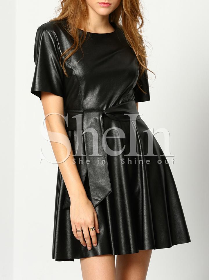 Shein Black Short Sleeve Pu Leather Dress
