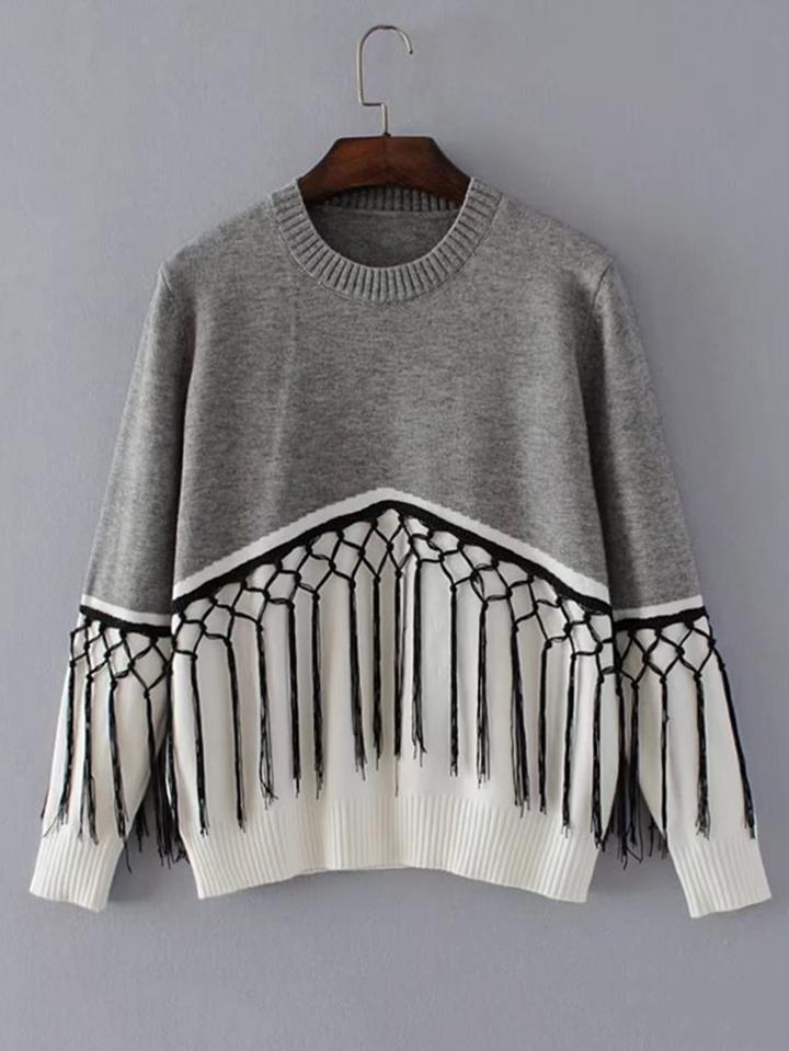 Shein Crochet Fringe Two Tone Sweater