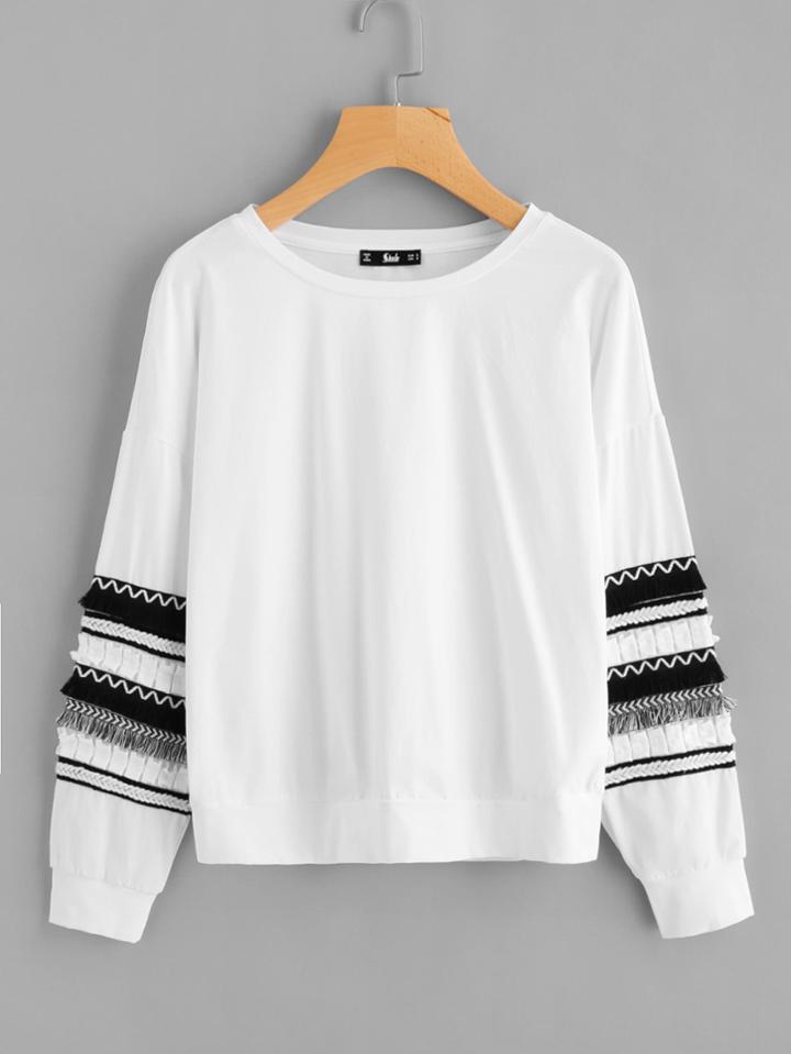 Shein Fringe And Braided Tape Detail Drop Shoulder Sweatshirt