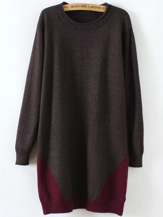 Shein Coffee Color Block Ribbed Trim Sweater Dress