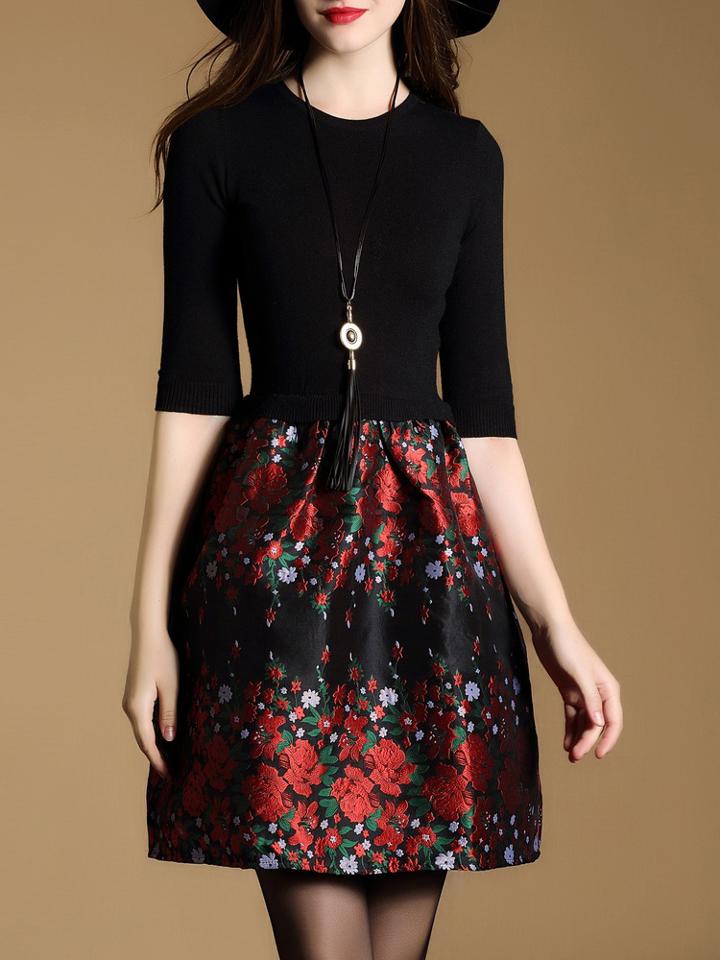 Shein Black Knit Jacquard A-line Combo Dress