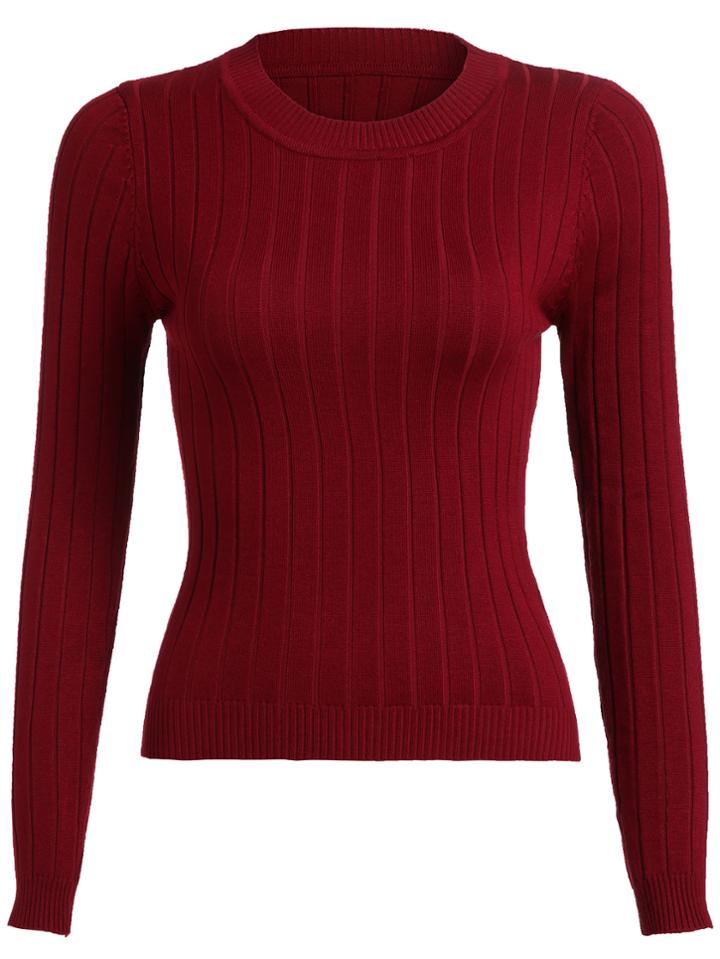 Shein Burgundy Round Neck Ribbed Slim Sweater