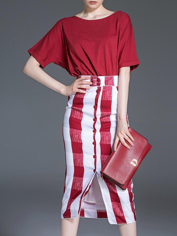 Shein Red Check Print Top With Split Skirt