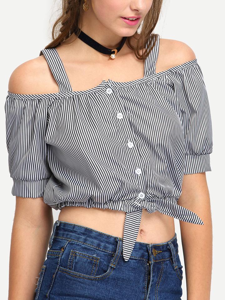 Shein Vertical Striped Cold Shoulder Crop Blouse - Grey