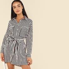 Shein Waist Belted Pocket Button Striped Dress