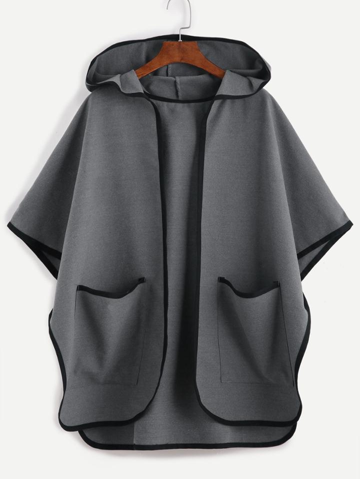 Shein Grey Contrast Binding Open Front Hooded Poncho Coat