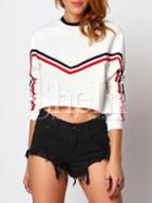 Shein White Long Sleeve Black Red Stripe Crop Top